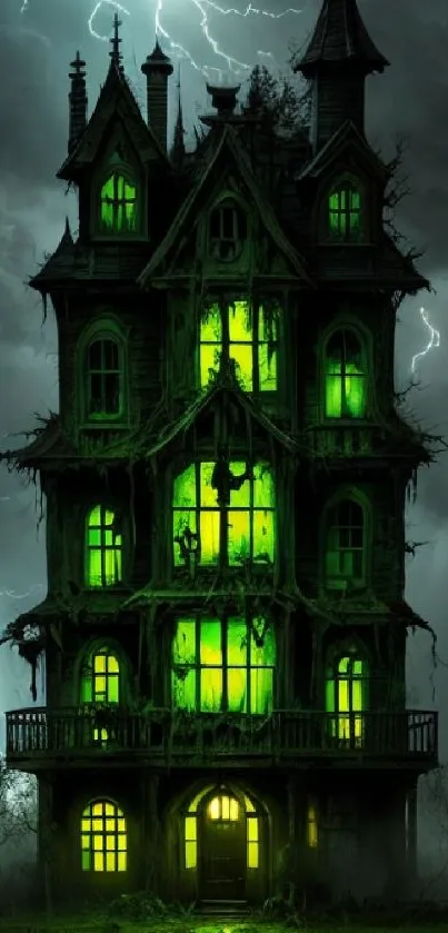 Eerie haunted house with green glow and stormy sky.