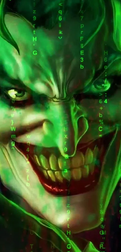 Green Joker with matrix effect in digital art wallpaper.