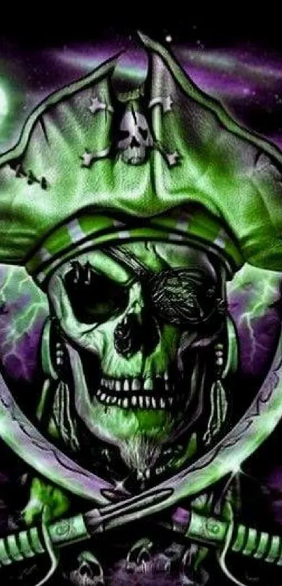 Eerie green pirate skull with lightning on phone wallpaper.