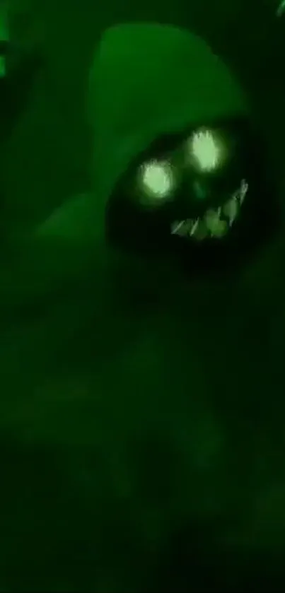 Eerie shadow figure with glowing eyes on a dark green background.