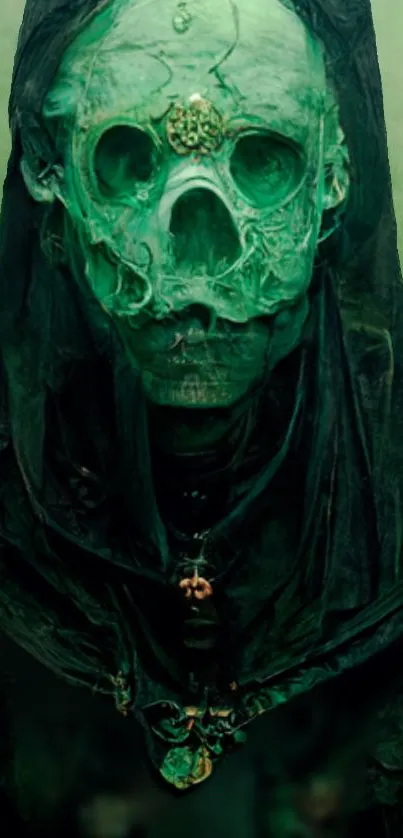 Eerie green skull art design in dark tones.