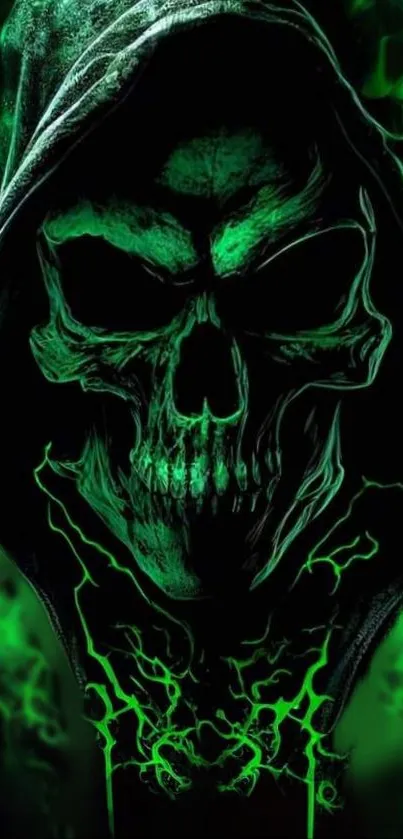 Eerie neon green skull with hooded cloak.