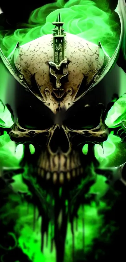 Eerie neon green skull with gothic design on a dark background.