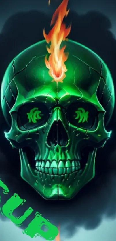 Eerie dark green skull with flames mobile wallpaper.