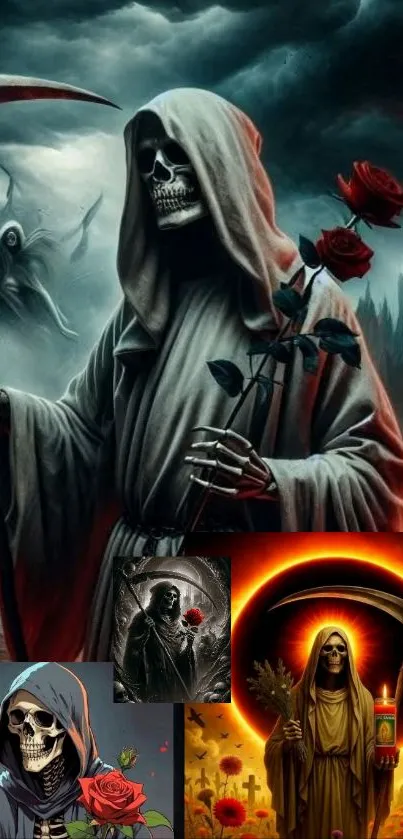 Grim reaper with a scythe, surrounded by dark clouds and red roses.