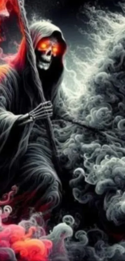 Grim Reaper with fiery eyes riding a dark horse amidst swirling mist.
