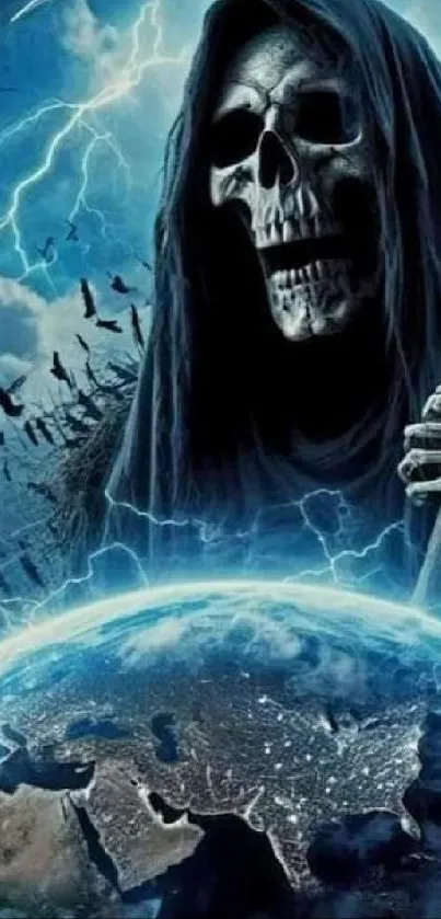 Grim Reaper holding scythe over Earth.