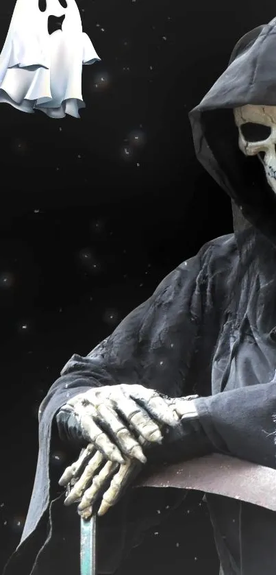 Creepy Grim Reaper with ghost on a dark background, perfect for horror fans.