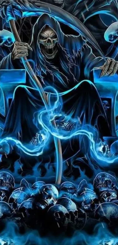 Eerie Grim Reaper with skulls in vibrant blue hues on a mobile wallpaper.