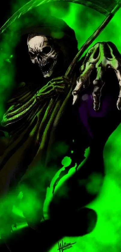 Grim Reaper with green mist and scythe in dark eerie wallpaper.