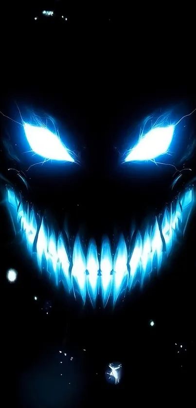 Glowing grinning face art on black background.