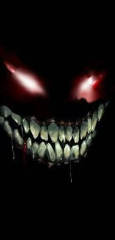 Dark, grinning face with glowing red eyes for mobile wallpaper.