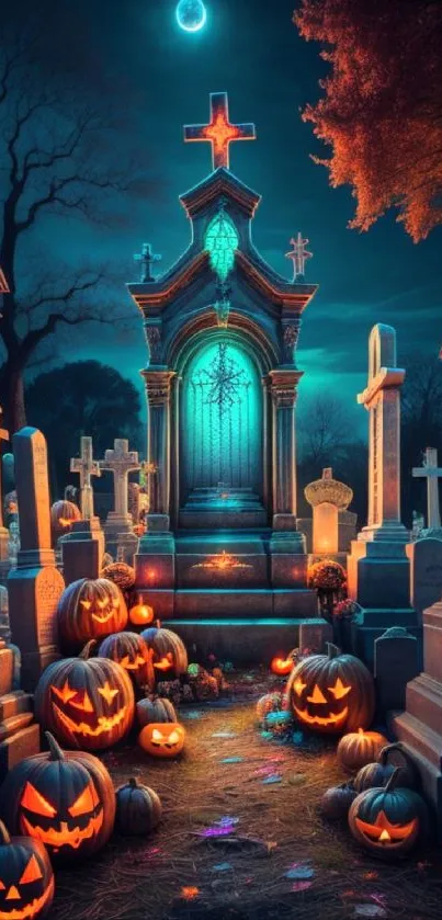Haunting Halloween pumpkin graveyard with moonlit sky.