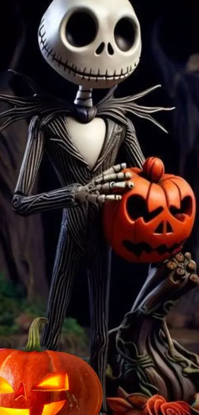 Skeleton holding a glowing pumpkin with spooky Halloween theme.