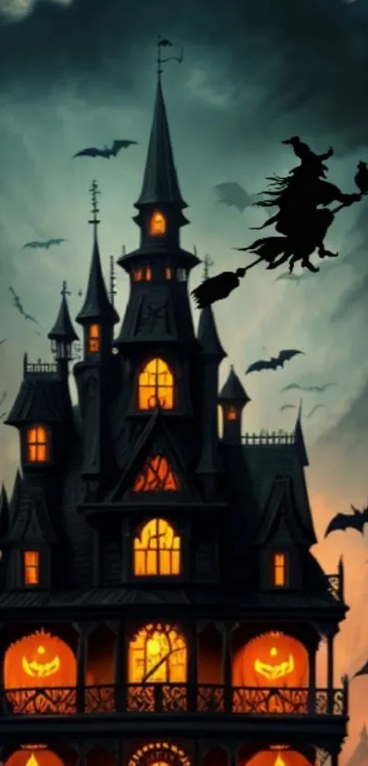 Haunted house with witch flying and pumpkins glowing in a Halloween night scene.