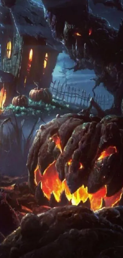 Haunted house with glowing jack-o'-lantern in a spooky Halloween night setting.