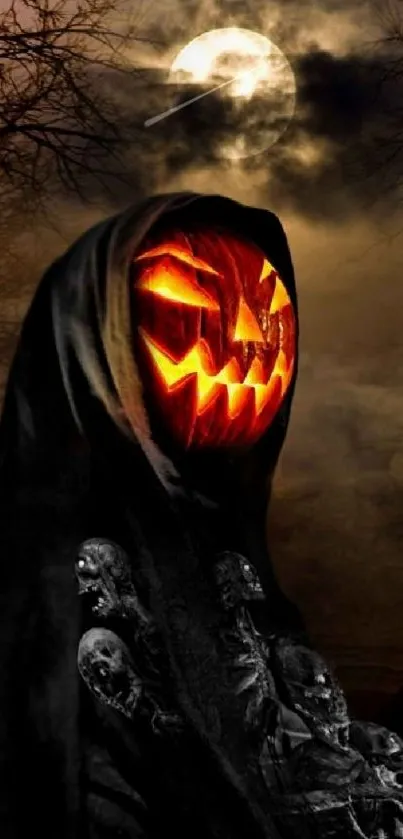 Eerie cloaked figure with pumpkin head under a full moon, perfect for Halloween.