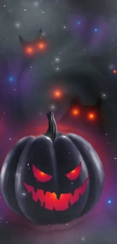 Eerie glowing Halloween pumpkin with spooky eyes and dark background.