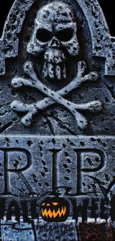 Eerie tombstone with skull and crossbones for Halloween.