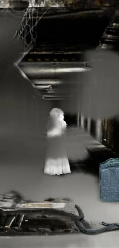 Eerie hallway ghost with dark atmosphere on mobile wallpaper.