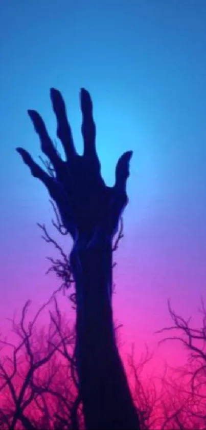 Silhouette of a hand reaching into a purple and blue gradient sky.