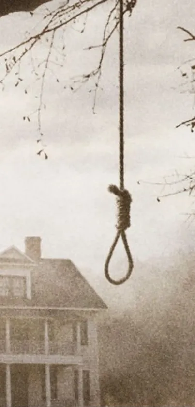 A hanging rope in front of a desolate house in an eerie sepia landscape.