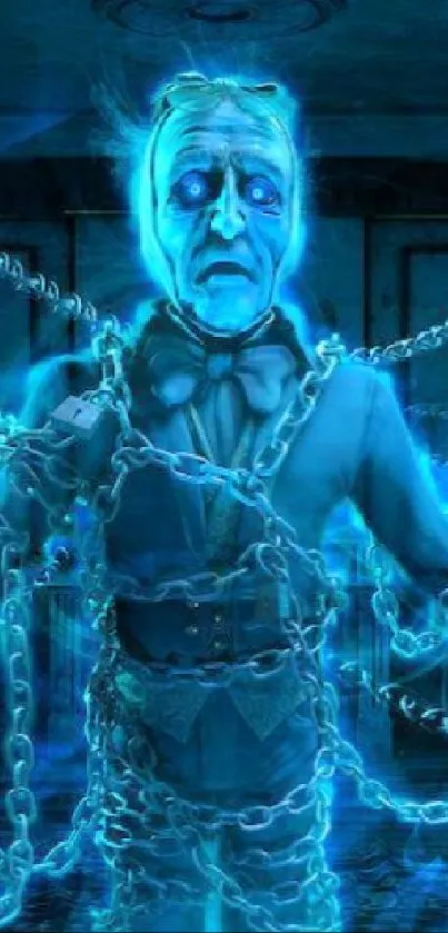 Chained ghost glowing in eerie blue light on a spooky background.