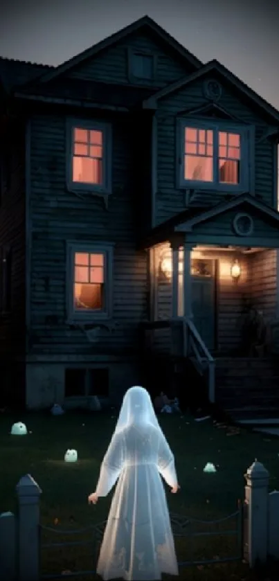 Chilling mobile wallpaper of a ghost outside a haunted house at night.