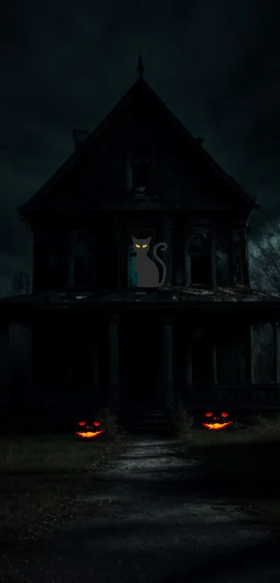 Dark haunted house with glowing pumpkins and a mysterious cat.