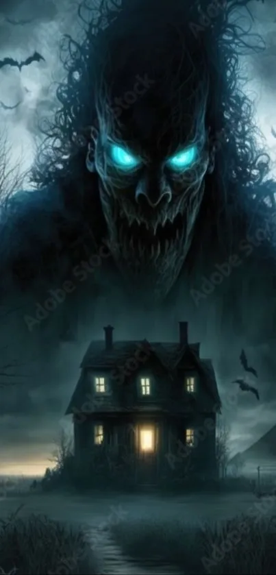 Haunted house with eerie glowing eyes in a dark, mysterious scene.