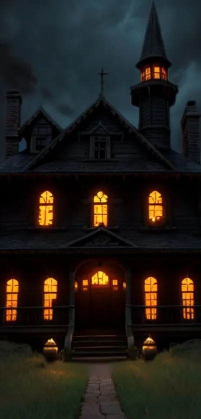 Dark and eerie haunted house with glowing windows at night.