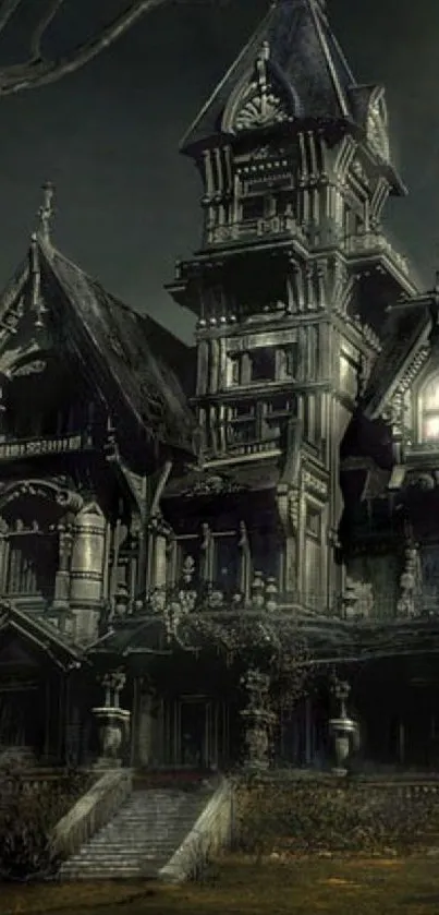 Gothic haunted house under a dark, stormy sky with eerie trees.