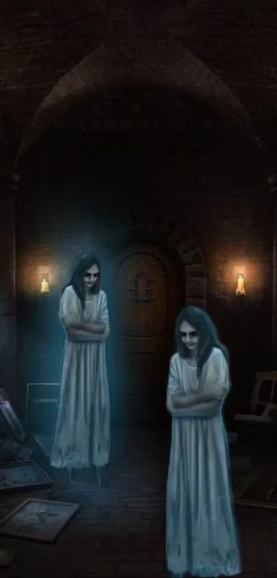 Eerie haunted mansion wallpaper with ghostly figures in a dark hallway.