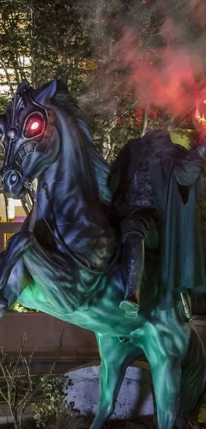 Headless horseman illuminated in eerie night scene with vibrant colors.