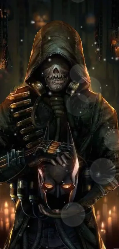 Hooded skeleton holding a mask with candles in the background.