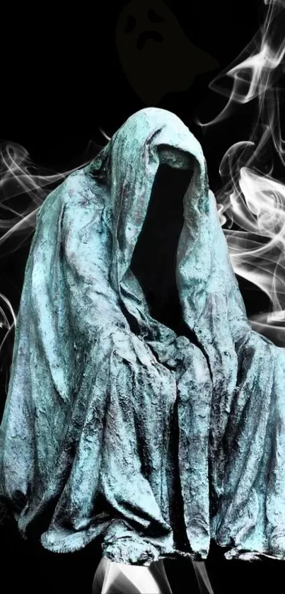 Haunting hooded figure amidst swirling smoke on a dark background.