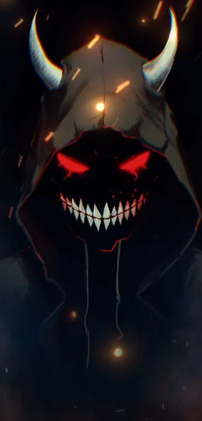 Dark hooded figure with glowing red eyes and horns on a mobile wallpaper.