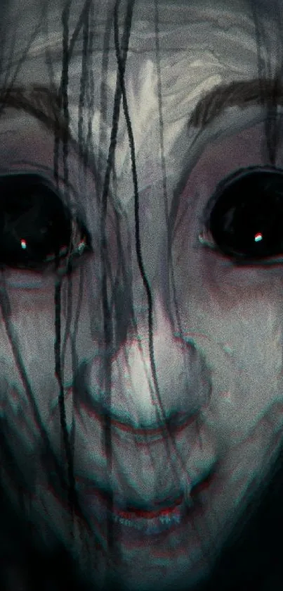 Creepy ghostly face with dark eyes, eerie horror art wallpaper.