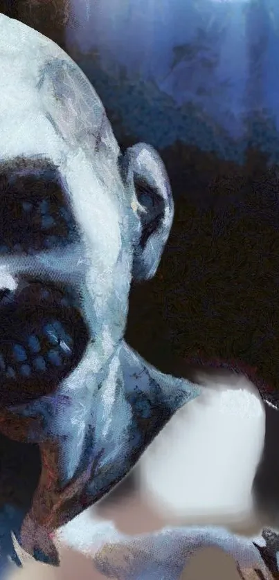Eerie horror art with a skeletal figure in dark tones.