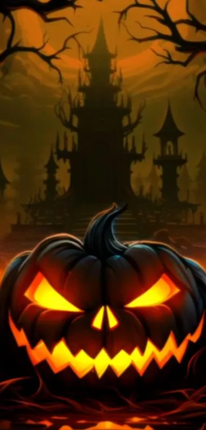 Glowing jack-o'-lantern with spooky castle in the background, Halloween scene.
