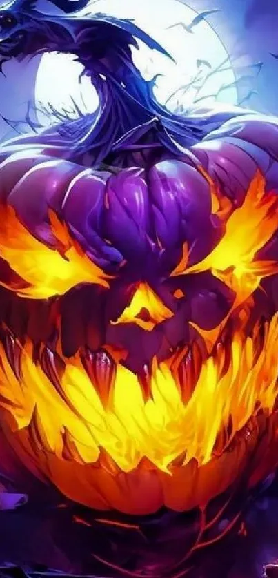 Sinister jack-o'-lantern with glowing eyes and vibrant colors.