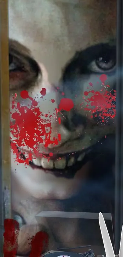 Eerie Joker face with red splatters on dark wallpaper.