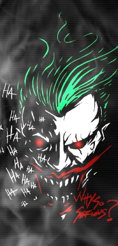 Stylized Joker-inspired artwork in black, green, and red on a dark background.