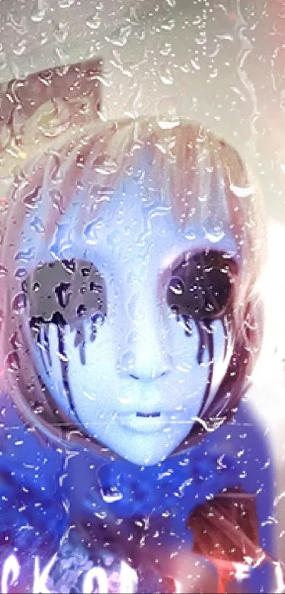 Mysterious blue mask with rain drops on window.