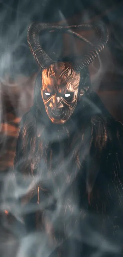 Eerie figure with horned mask in smoky shadows and glowing eyes.