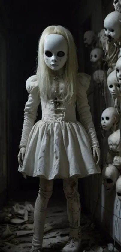 Eerie masked doll with hanging masks in dark room.