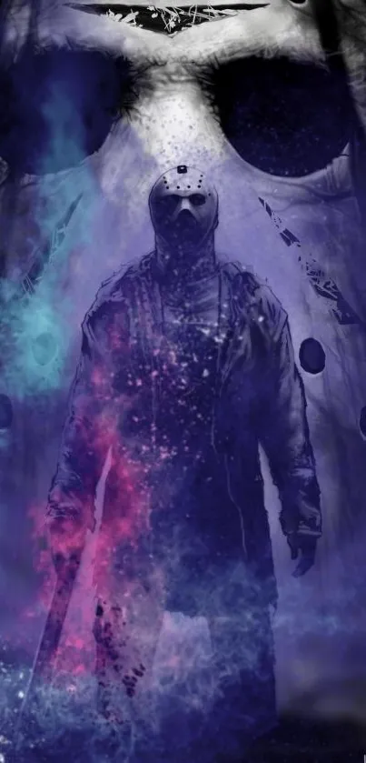 Mystic masked figure in cosmic mist wallpaper