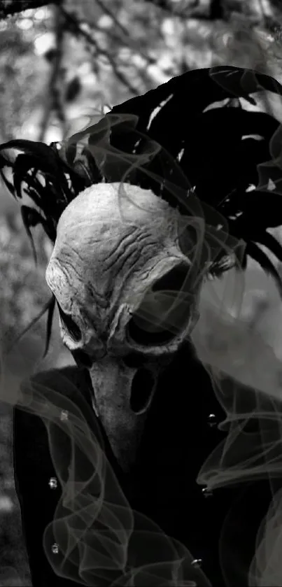 Eerie figure with a mask and black smoky tendrils.