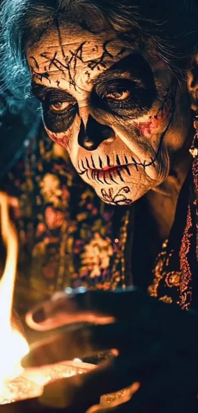 Elderly woman with face paint in candlelight.