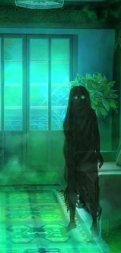 Eerie wallpaper with a ghostly figure and green mist in a mysterious room.